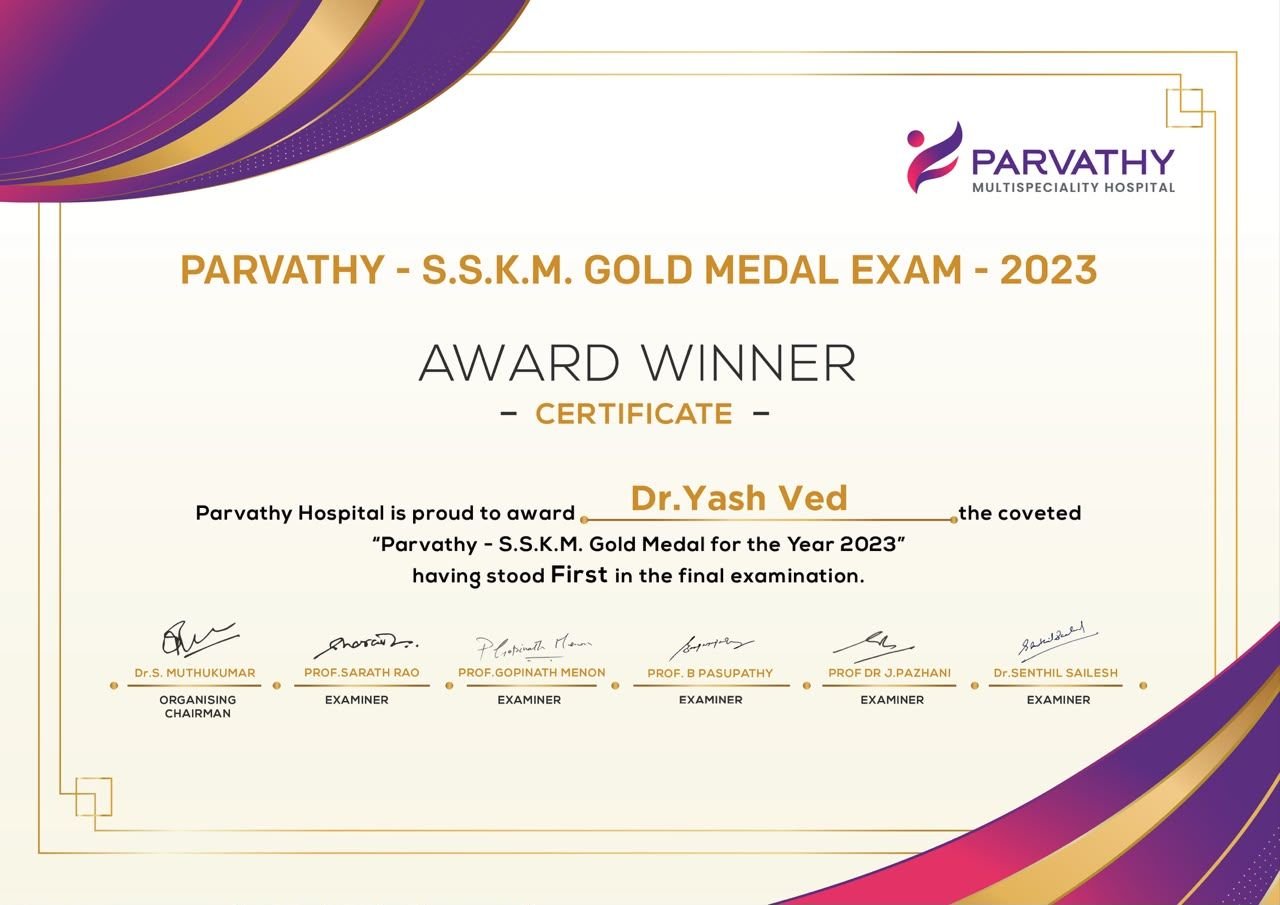 Parvathy - S.S.K.M. Gold Medal Exam 2023 award certificate for Dr. Yash Ved